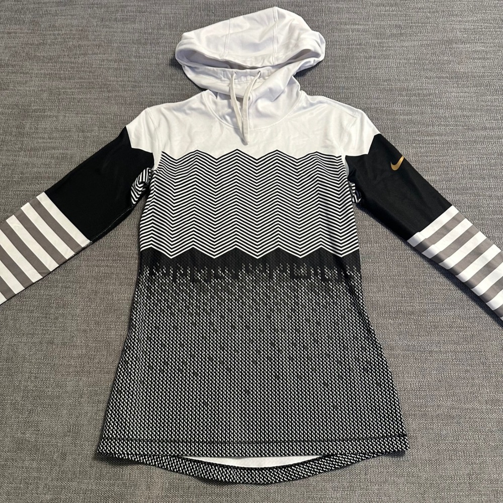 Nike Pro Dri-FIT Hoodie Women S Black White Chevron Geometric